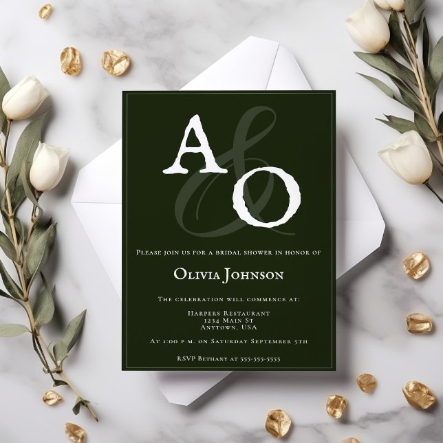 Invitation Émeraude Green Minimaliste Monogramme Bride (Emerald Green Minimalist Monogram Bridal Shower Invitation)