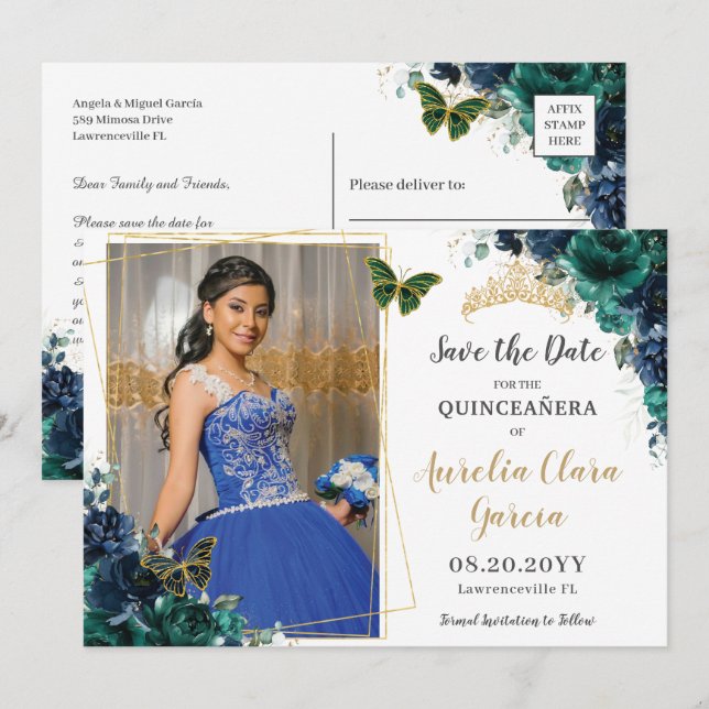 Invitation Émeraude Marine Fleurs Quinceañera Photo Enregistr (Devant / Derrière)