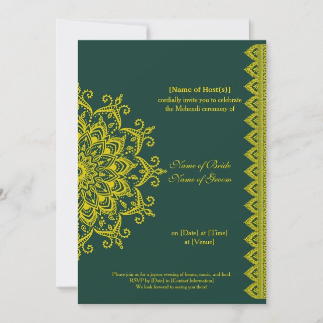 Invitation Émeraude Or Personnalisable Mehendi Henna Indian (Devant)