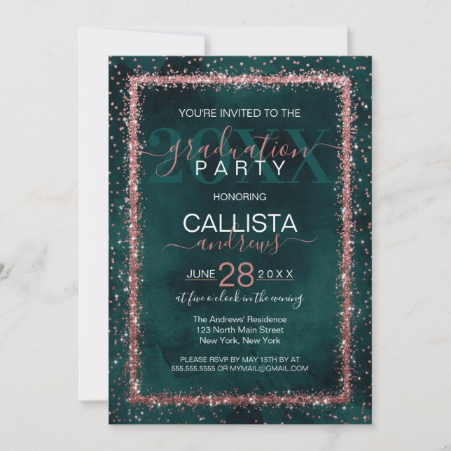 Invitation Émeraude Rose Gold Sprinted Confetti Graduation (Devant)