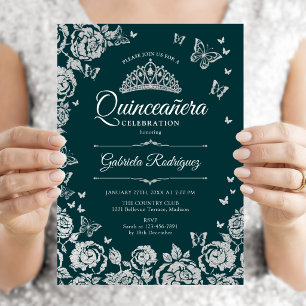 Invitation Émeraude Vert Argent Rose Papillons Quinceanera