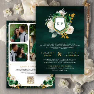 Invitation Émeraude Vert Floral Code QR Photo Armoiries Maria