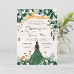Invitation Émeraude Vert Floral Papillon Élégant Quinceanera