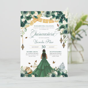 Invitation Émeraude Vert Floral Papillon Élégant Quinceanera