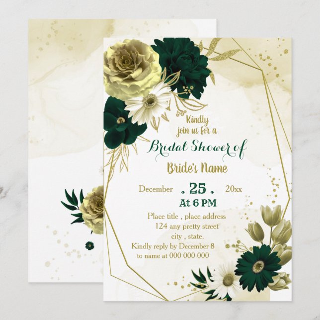 Invitation Emeraude vert ivoire or géométrique douche nuptial (Devant / Derrière)