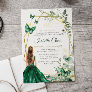 Invitation Emeraude verte et or floral Quinceanera princesse