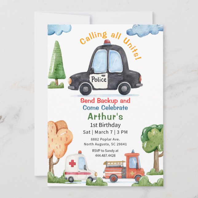 Invitation Emergency Vehicles Police car Birthday (Devant)