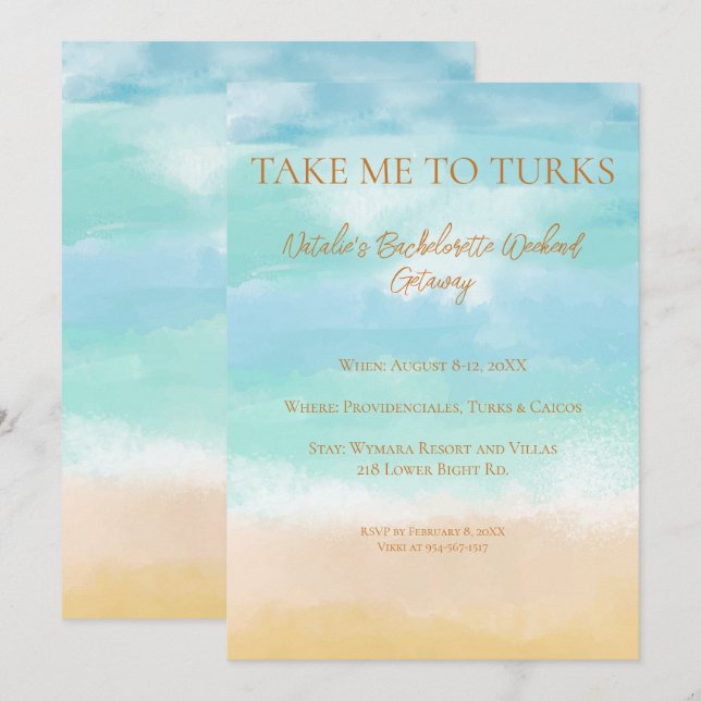 Invitation Emmène-Moi À Turcs Vacances Mariage Bachelorette (Devant / Derrière)