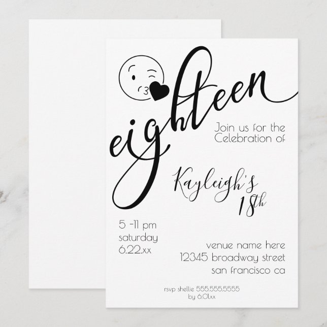 Invitation Emoji noir et blanc moderne 18e anniversaire (Devant / Derrière)