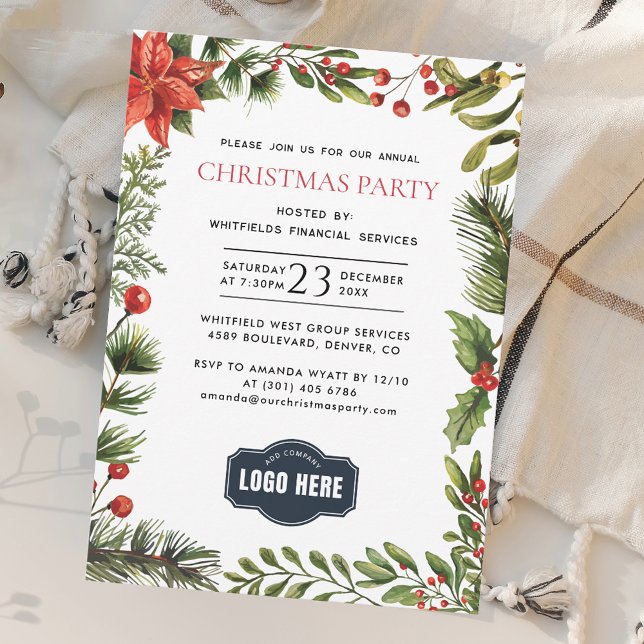 Invitation Employés du logo de l'entreprise Noël (Elegant Botanical Business Logo Christmas Holidays Party Invitation)