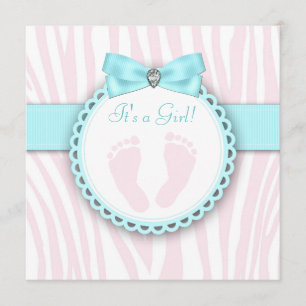 Invitation Empreinte bleue turquoise et rose Bébé Fille Douch