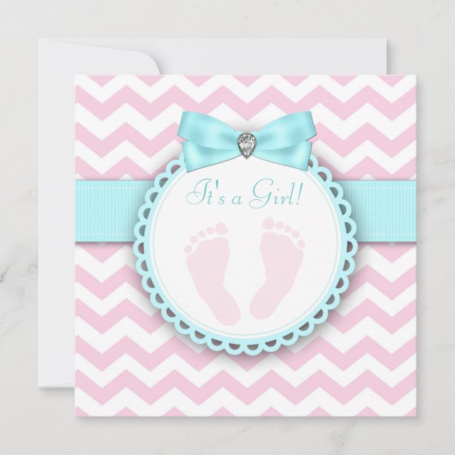Invitation Empreinte bleue turquoise et rose Bébé Fille Douch (Devant)