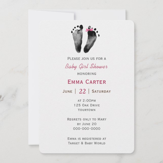 Invitation Empreinte De Douche Pour Fille Bébé Avec Bow (Devant)