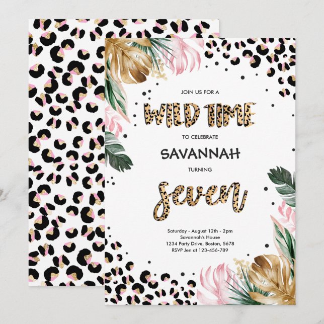 Invitation Empreinte de léopard 7e anniversaire Safari Jungle (Devant / Derrière)