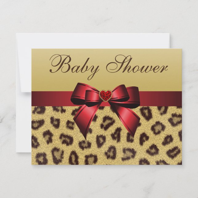 Invitation Empreinte de léopard, Baby shower Bow & Heart (Devant)