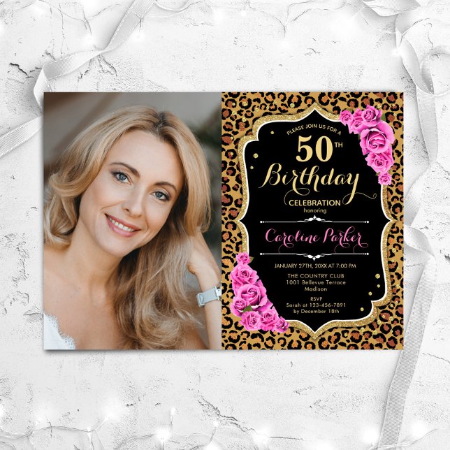 Invitation Empreinte de léopard Black Gold Pink Photo 50e ann (Créateur téléchargé)