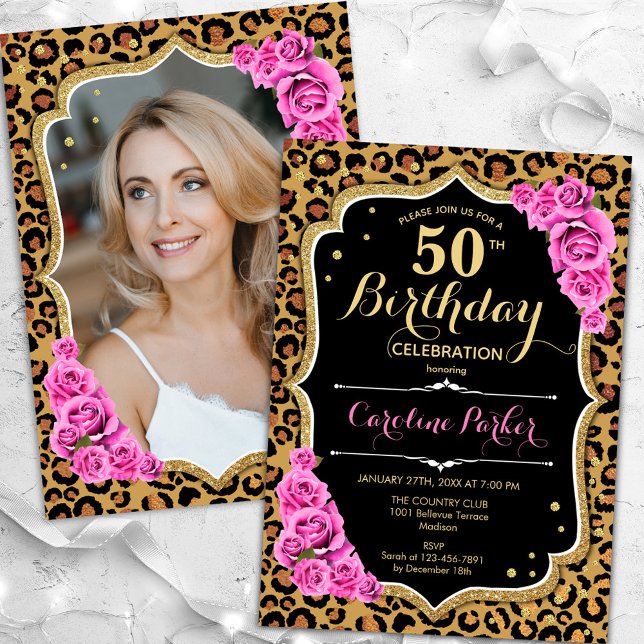 Invitation Empreinte de léopard Black Pink Photo 50e annivers (Créateur téléchargé)