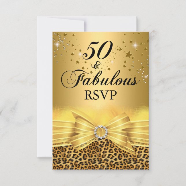 Invitation Empreinte de léopard & Bow 50 & Fabuleux RSVP Gold (Devant)