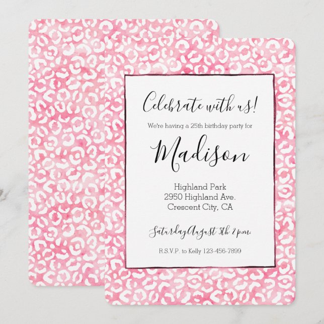 Invitation Empreinte de léopard d'aquarelle rose fille blanch (Devant / Derrière)