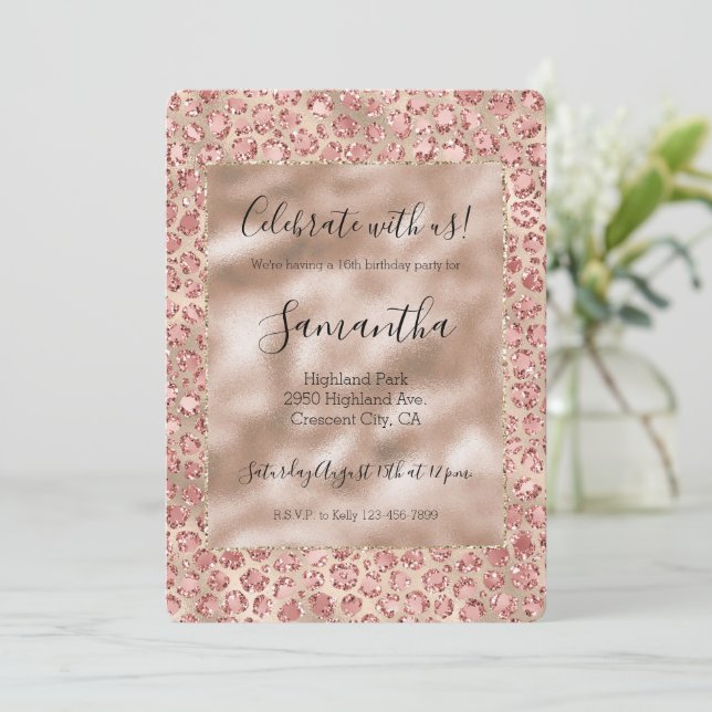 Invitation Empreinte de léopard de Parties scintillant rose b (Debout devant)