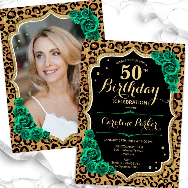 Invitation Empreinte de léopard Emerald Green Photo 50e anniv (Créateur téléchargé)