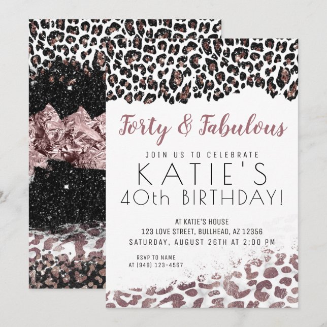 Invitation Empreinte de léopard Forty & Fabulous Rose Gold An (Devant / Derrière)