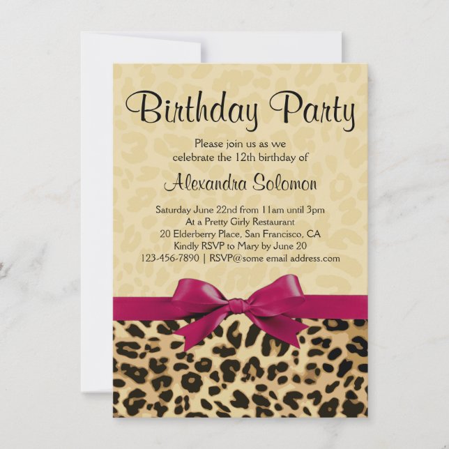 Invitation Empreinte de léopard Fuchsia Bow Girl Anniversaire (Devant)