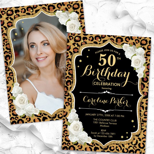 Invitation Empreinte de léopard Gold Black Photo 50th Birthda (Créateur téléchargé)