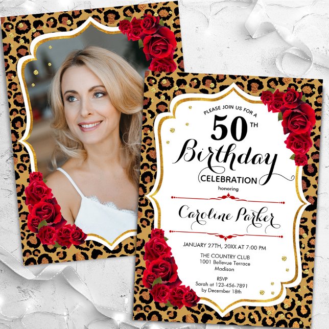 Invitation Empreinte de léopard Gold White Photo 50th Birthda (Créateur téléchargé)