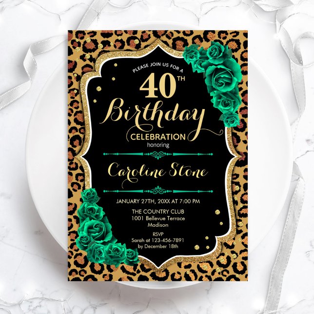 Invitation Empreinte de léopard Green Roses 40e anniversaire (Créateur téléchargé)