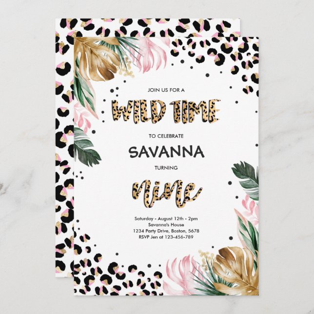 Invitation Empreinte de léopard Jungle Safari 9e fête d'anniv (Devant / Derrière)