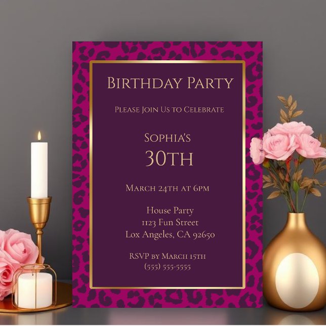 Invitation Empreinte de léopard-Magenta-Anniversaire (Birthday-Leopard Pattern-Magenta- Invitation )