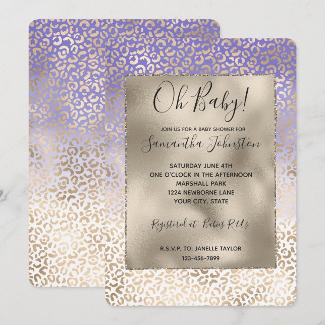 Invitation Empreinte de léopard Ombre or violet fille (Devant / Derrière)
