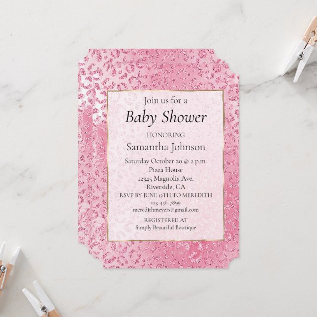 Invitation Empreinte de léopard Parties scintillant rose sucr (Devant/Arrière en situation)