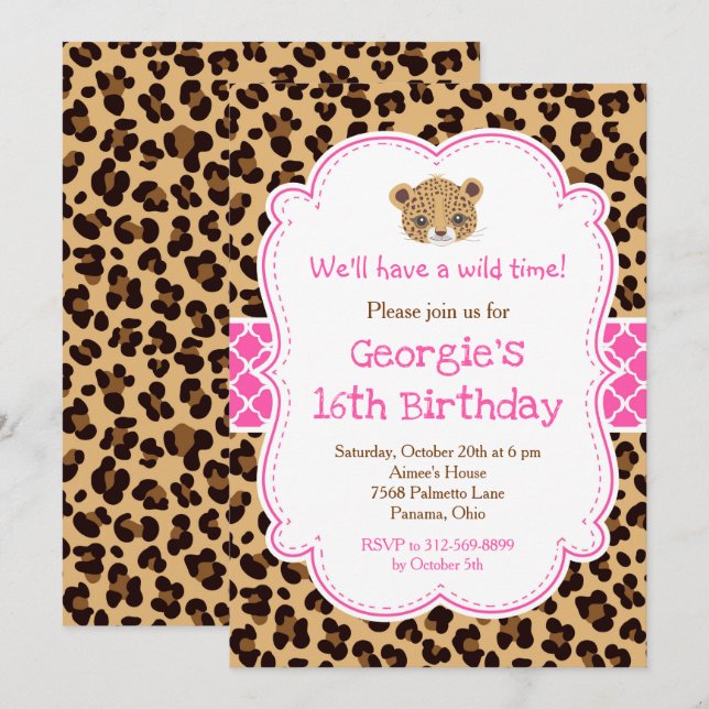 Invitation Empreinte de léopard Pink Quatrefoil fête d'annive (Devant / Derrière)