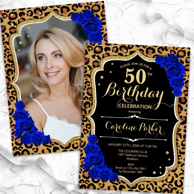 Invitation Empreinte de léopard Royal Blue Photo 50e annivers (Créateur téléchargé)