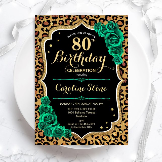 Invitation Empreinte de léopard Vert Roses 80e anniversaire (Créateur téléchargé)
