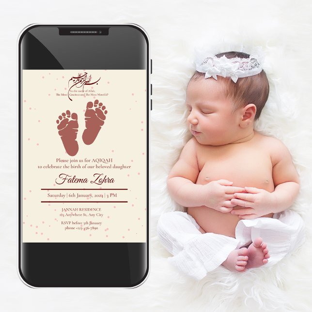 Invitation Empreinte Pink Baby Girl Muslim Aqiqah Aqeeqa (Footprint Pink Baby Girl Muslim Aqiqah Aqeeqa Invitation)