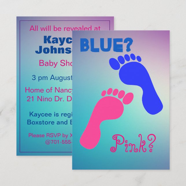 Invitation Empreintes de bébé rose et bleu (Devant / Derrière)
