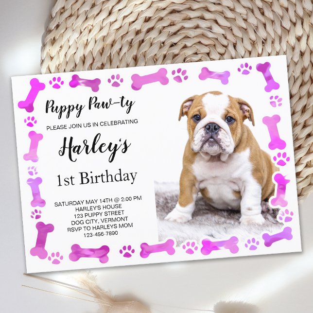 Invitation Empreintes de pattes roses os Chien chiot Annivers (Créateur téléchargé)