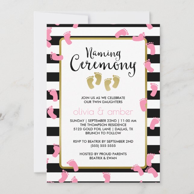 Invitation Empreintes roses Black & Gold Twins Cérémonie de d (Devant)