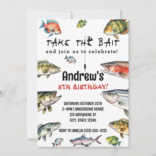 Invitation Empruntez l'appât Watercolor Fishing Anniversaire (Devant)