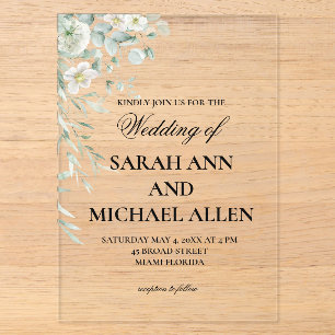 Invitation en acrylique avec verdure d'eucalyptus