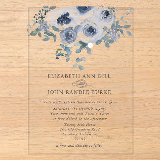Invitation en acrylique bleu poussiéreux floral et