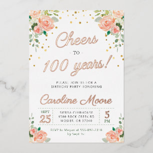 Invitation En Aluminium 100e anniversaire Cheers 100 ans Dames Rose Gold F