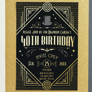 Invitation En Aluminium 1920 Art Déco Black & Gold 40e anniversaire