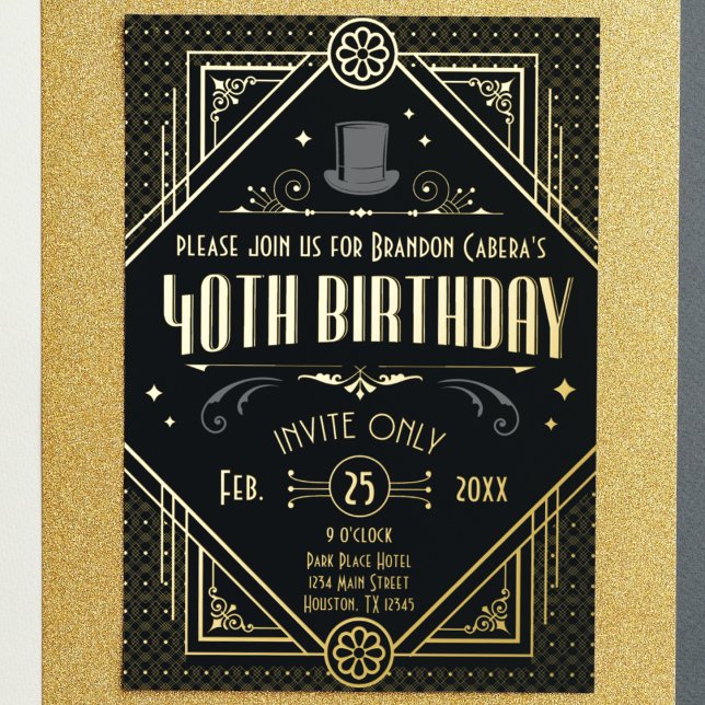 Invitation En Aluminium 1920 Art Déco Black & Gold 40e anniversaire (gold foil 40th birthday speakeasy 1920s Art Deco style custom bday invite cool casino real gold foil)
