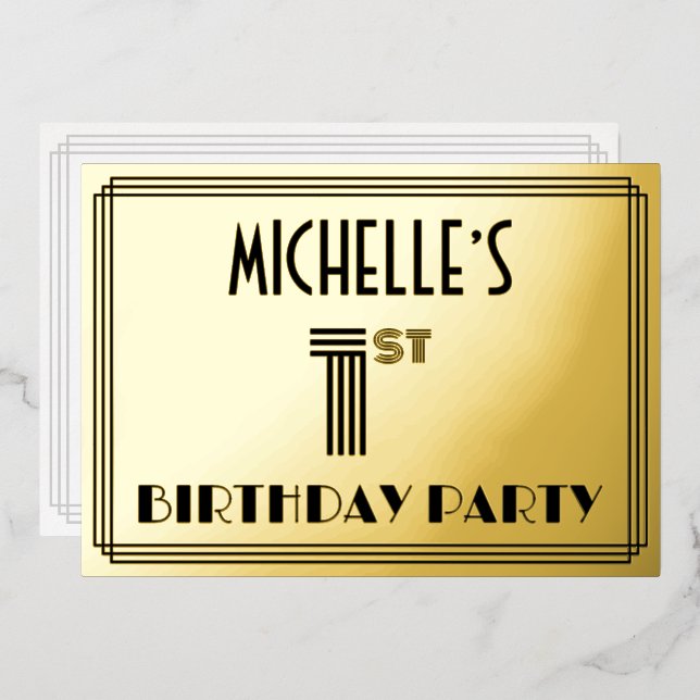 Invitation En Aluminium 1ère fête d'anniversaire — Art Déco Style "1" & No (Recto/Verso)