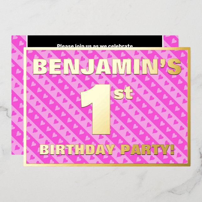 Invitation En Aluminium 1ère fête d'anniversaire — Coeurs et rayures roses (Recto/Verso)