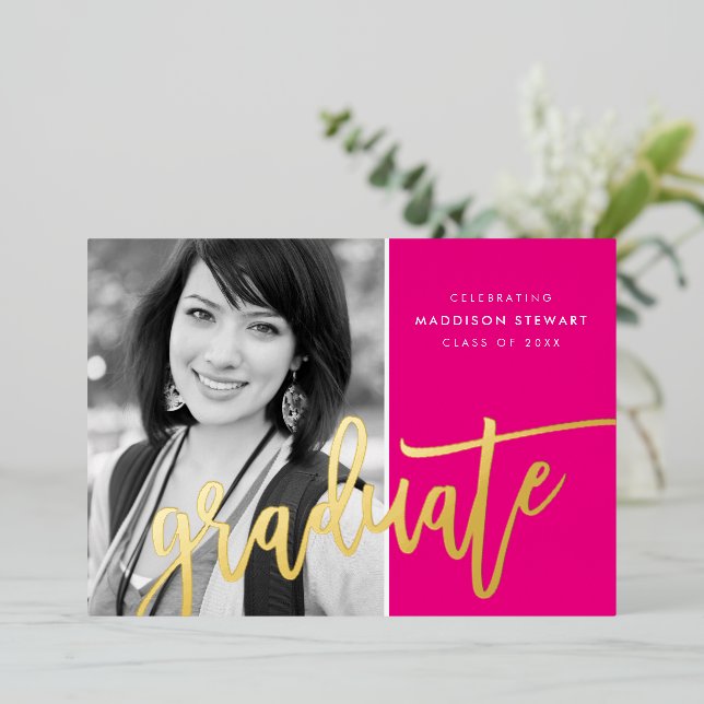 Invitation En Aluminium 2022 GRAD photo calligraphie moderne or rose chaud (Debout devant)